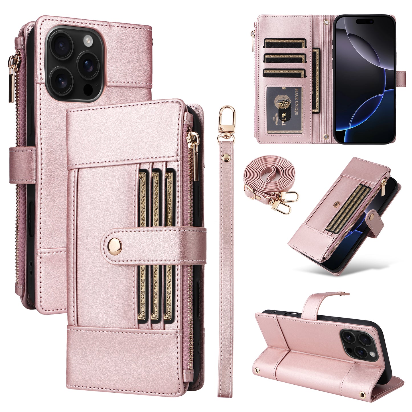 New Crossbody RFID Blocking Zipper Wallet Leather Phone Case for iPhone