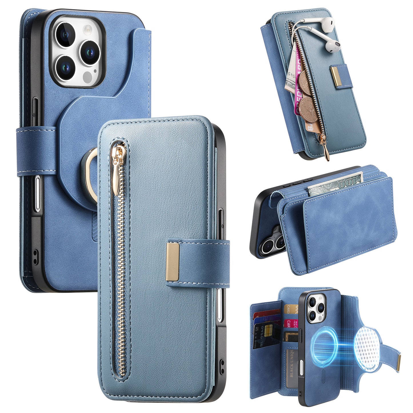 New RFID Blocking Zipper Wallet Magnetic Leather Phone Case for iPhone 16/16 Pro/16 Plus/16 Pro Max