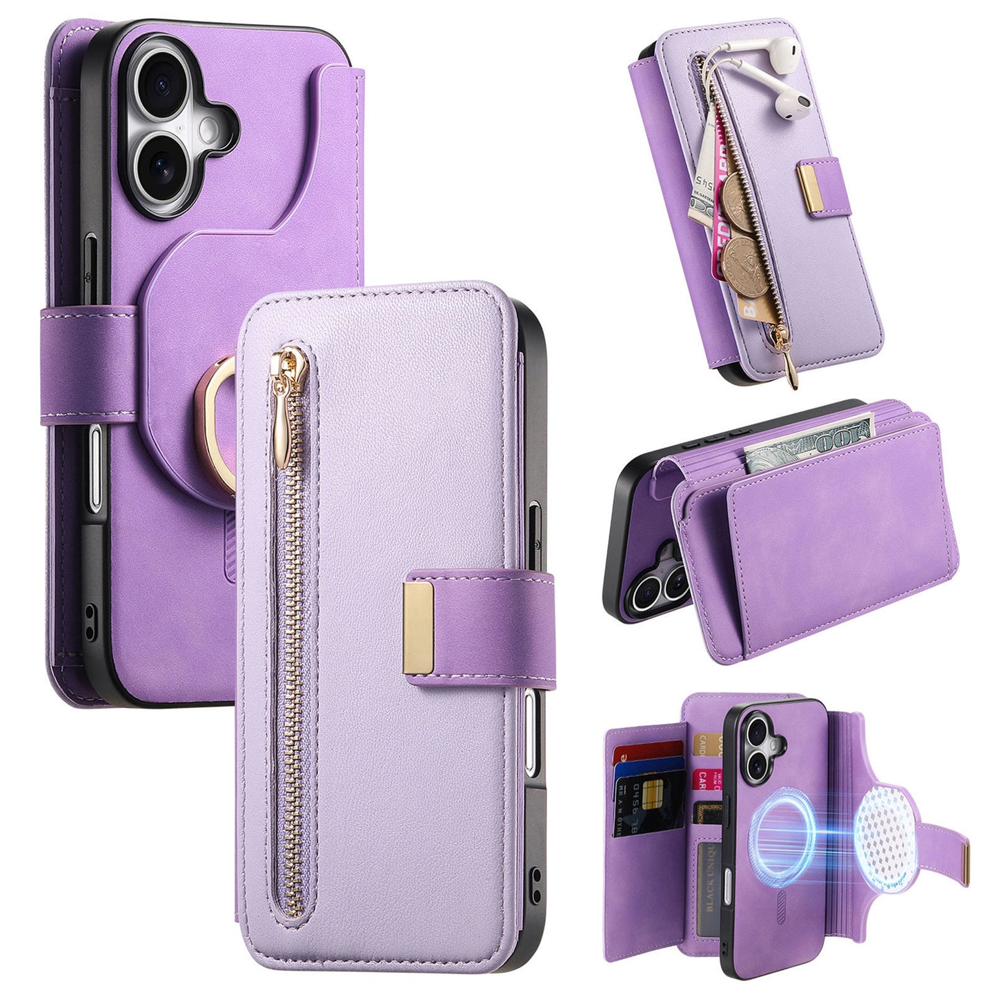 New RFID Blocking Zipper Wallet Magnetic Leather Phone Case for iPhone 16/16 Pro/16 Plus/16 Pro Max