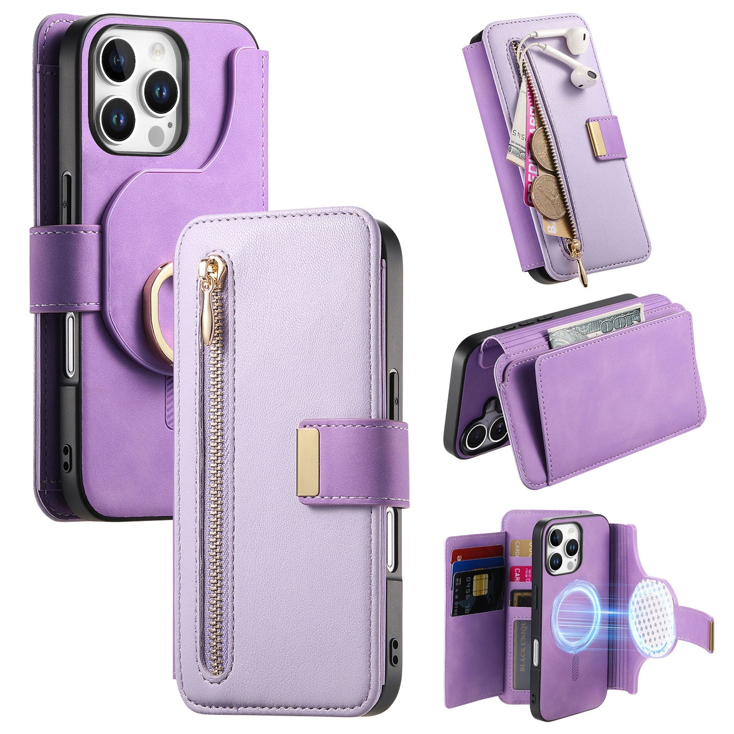New RFID Blocking Zipper Wallet Magnetic Leather Phone Case for iPhone 16/16 Pro/16 Plus/16 Pro Max