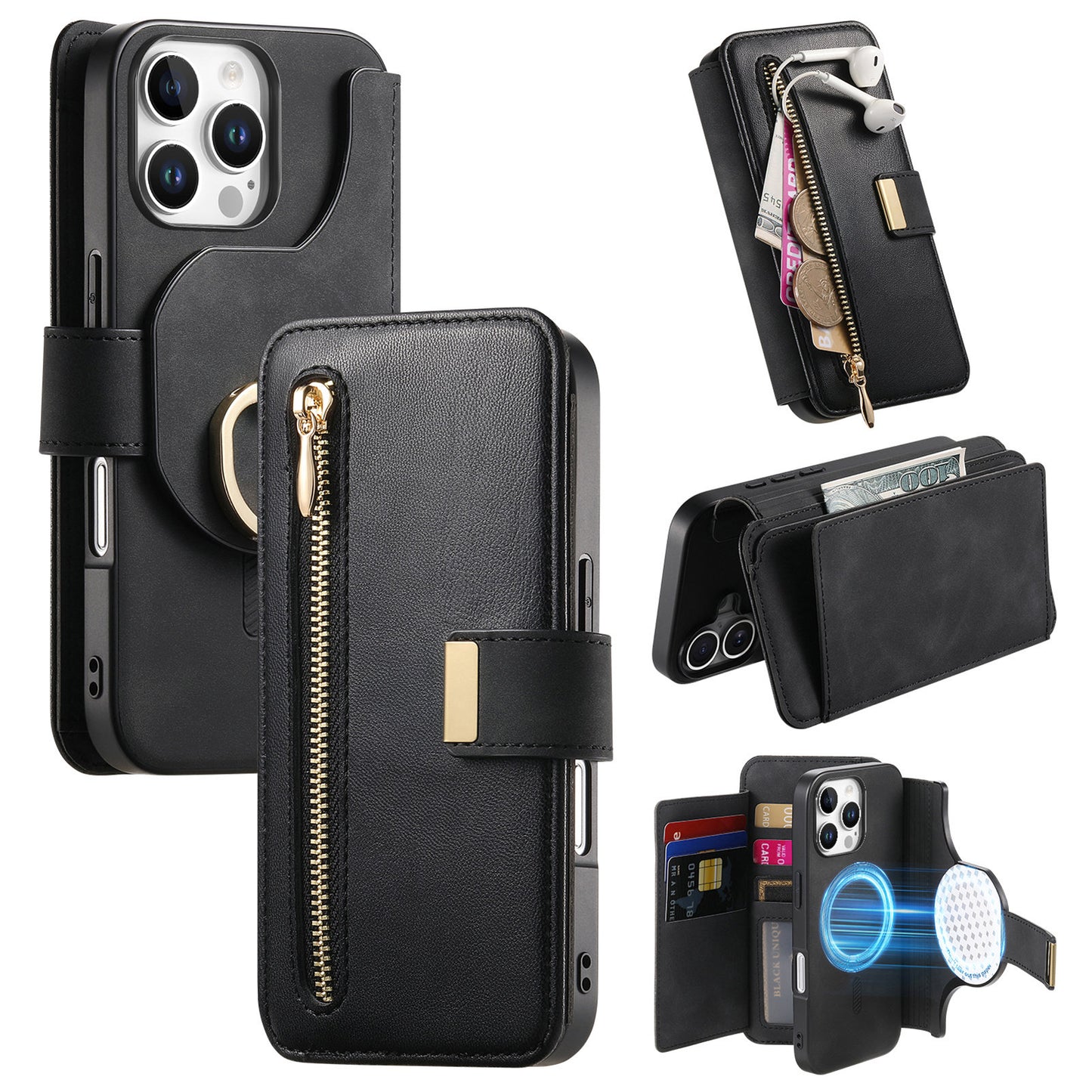New RFID Blocking Zipper Wallet Magnetic Leather Phone Case for iPhone 16/16 Pro/16 Plus/16 Pro Max