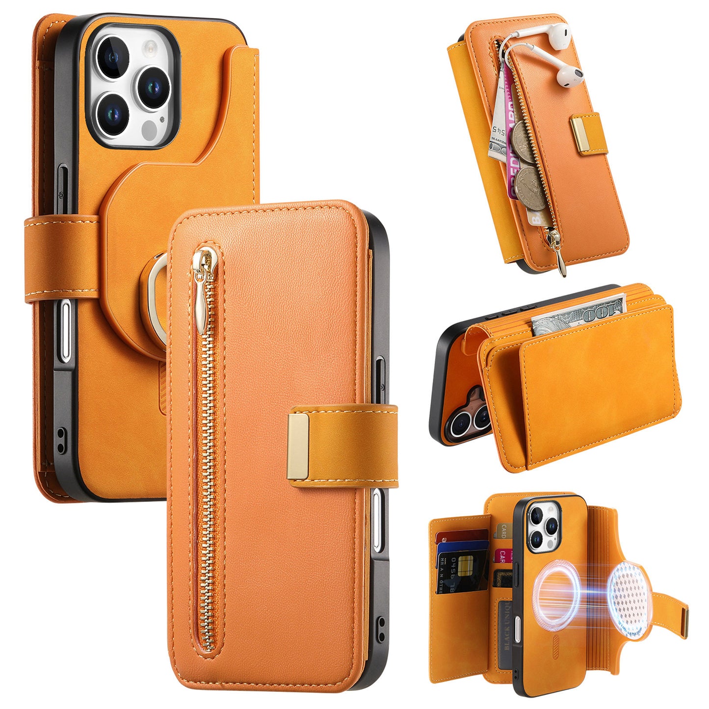 New RFID Blocking Zipper Wallet Magnetic Leather Phone Case for iPhone 16/16 Pro/16 Plus/16 Pro Max