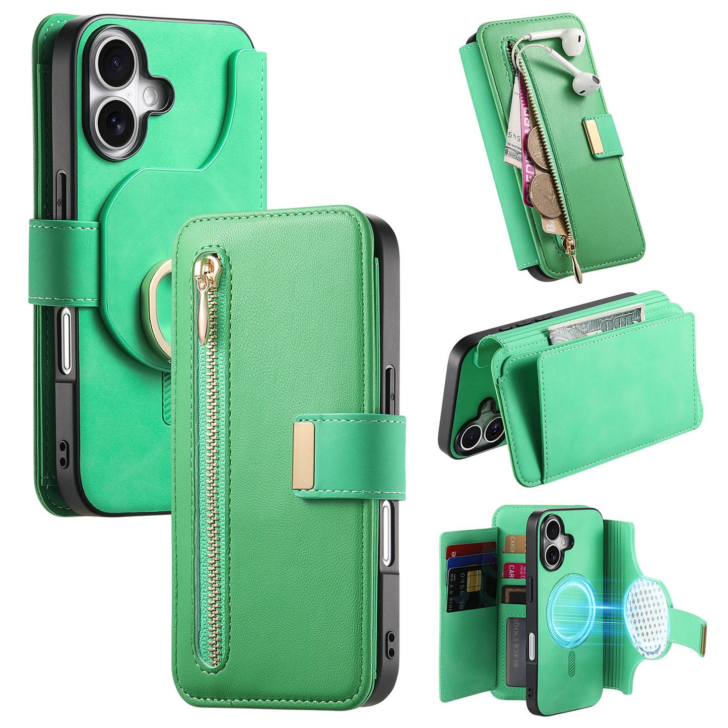 New RFID Blocking Zipper Wallet Magnetic Leather Phone Case for iPhone 16/16 Pro/16 Plus/16 Pro Max