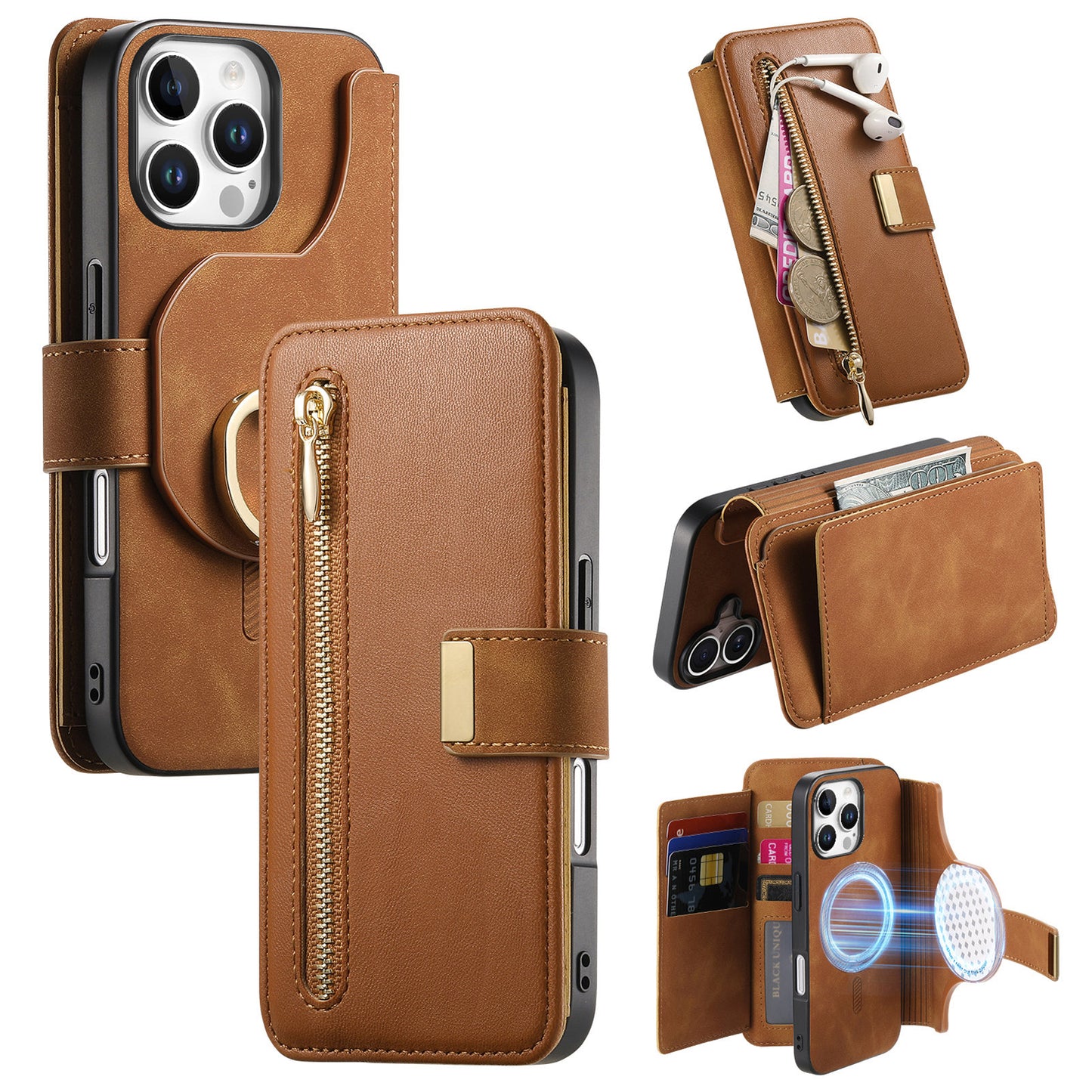 New RFID Blocking Zipper Wallet Magnetic Leather Phone Case for iPhone 16/16 Pro/16 Plus/16 Pro Max
