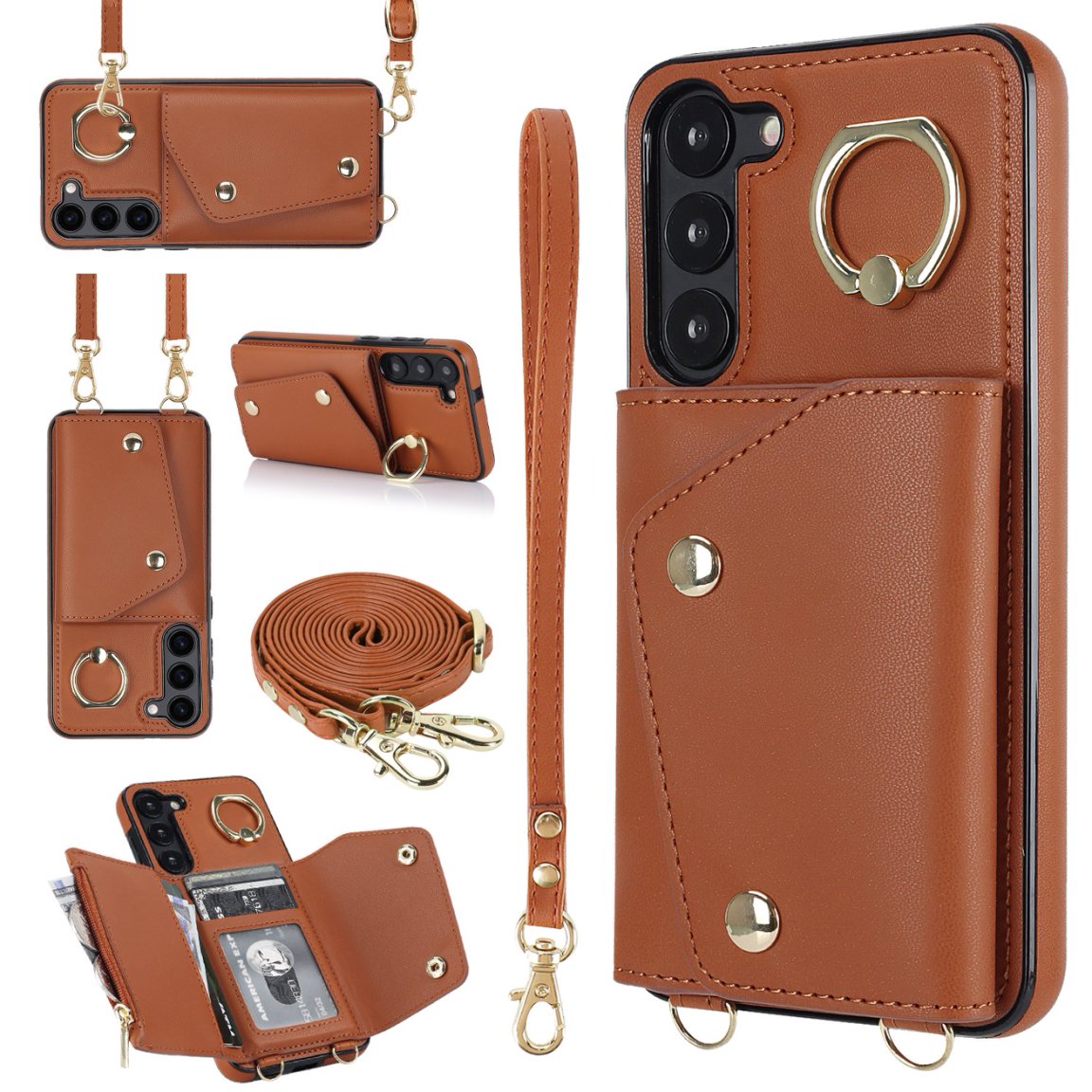 New Crossbody Zipper Wallet with Long and Short Lanyard Leather Card Holder Phone Case for Samsung