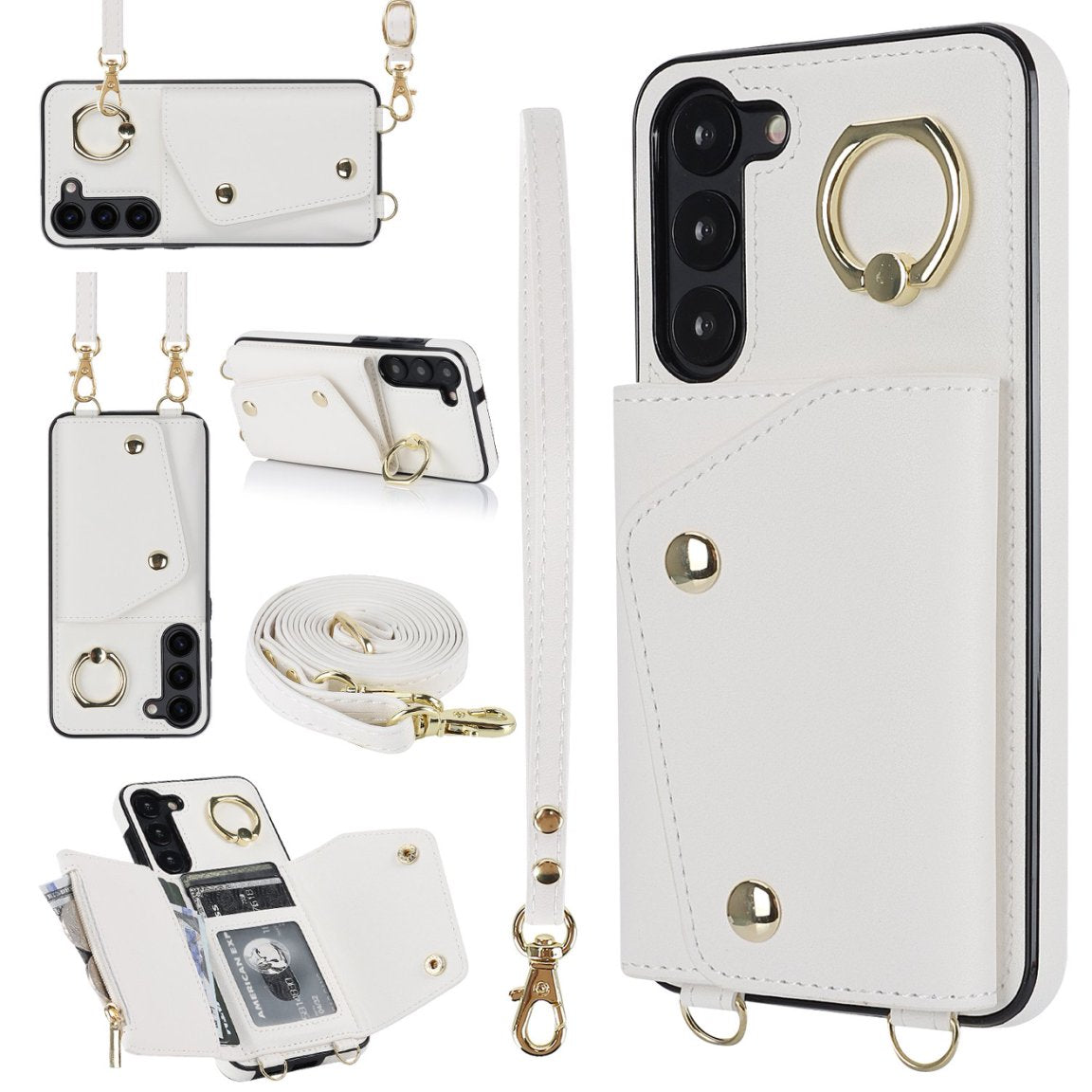 New Crossbody Zipper Wallet with Long and Short Lanyard Leather Card Holder Phone Case for Samsung