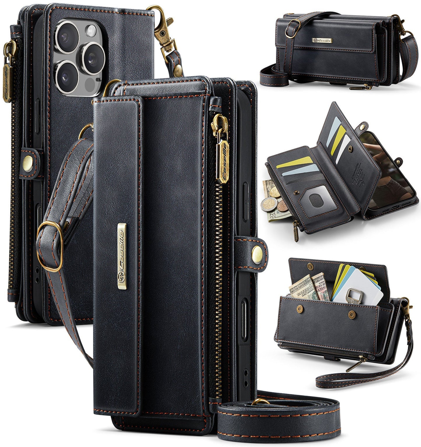 New RFID Blocking Zipper Wallet Supports Wireless Charging with Long and Short Lanyard Leather Phone Case for iPhone16/16e/16 Pro/16 Plus/16 Pro Max
