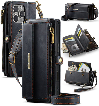 New RFID Blocking Zipper Wallet Supports Wireless Charging with Long and Short Lanyard Leather Phone Case for iPhone16/16e/16 Pro/16 Plus/16 Pro Max
