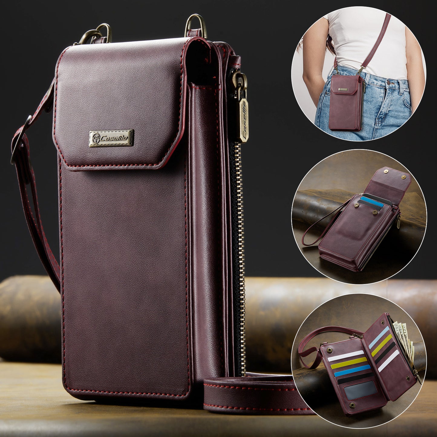 New RFID Blocking Zipper Wallet Leather Phone Case with Lanyard for Women