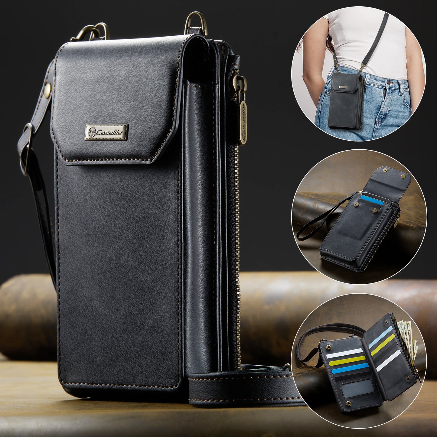 New RFID Blocking Zipper Wallet Leather Phone Case with Lanyard for Women