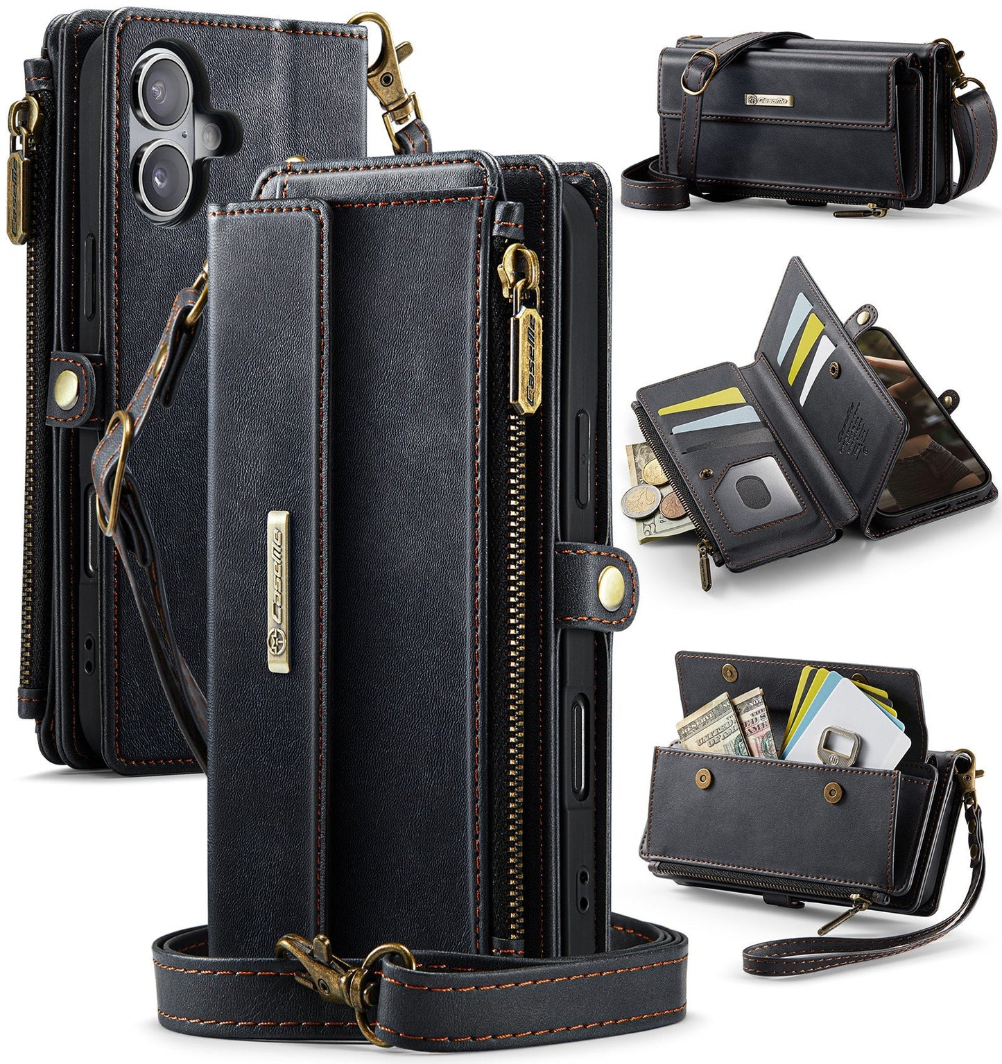 New RFID Blocking Zipper Wallet Supports Wireless Charging with Long and Short Lanyard Leather Phone Case for iPhone16/16e/16 Pro/16 Plus/16 Pro Max