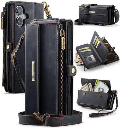 New RFID Blocking Zipper Wallet Supports Wireless Charging with Long and Short Lanyard Leather Phone Case for iPhone16/16e/16 Pro/16 Plus/16 Pro Max