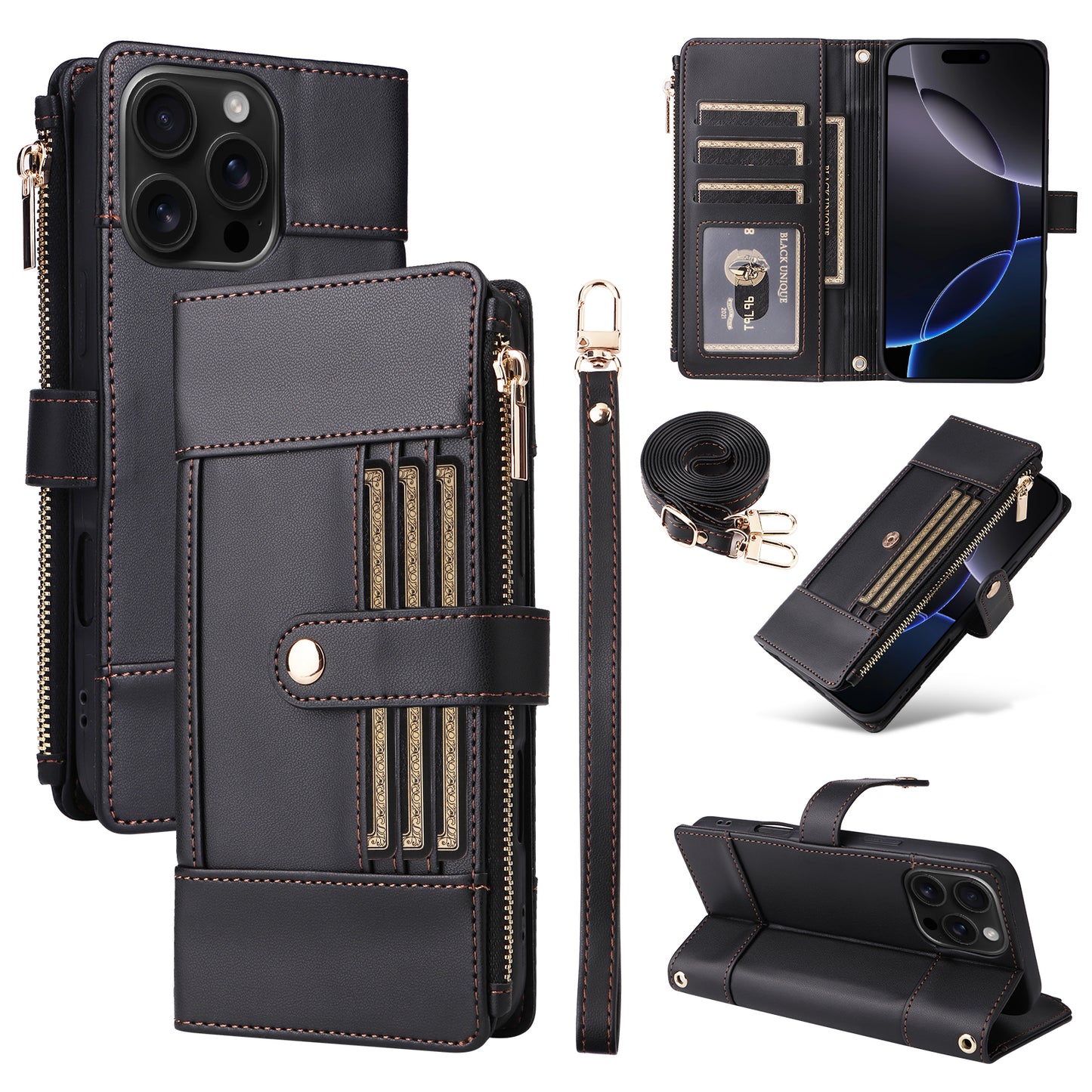New Crossbody RFID Blocking Zipper Wallet Leather Phone Case for iPhone