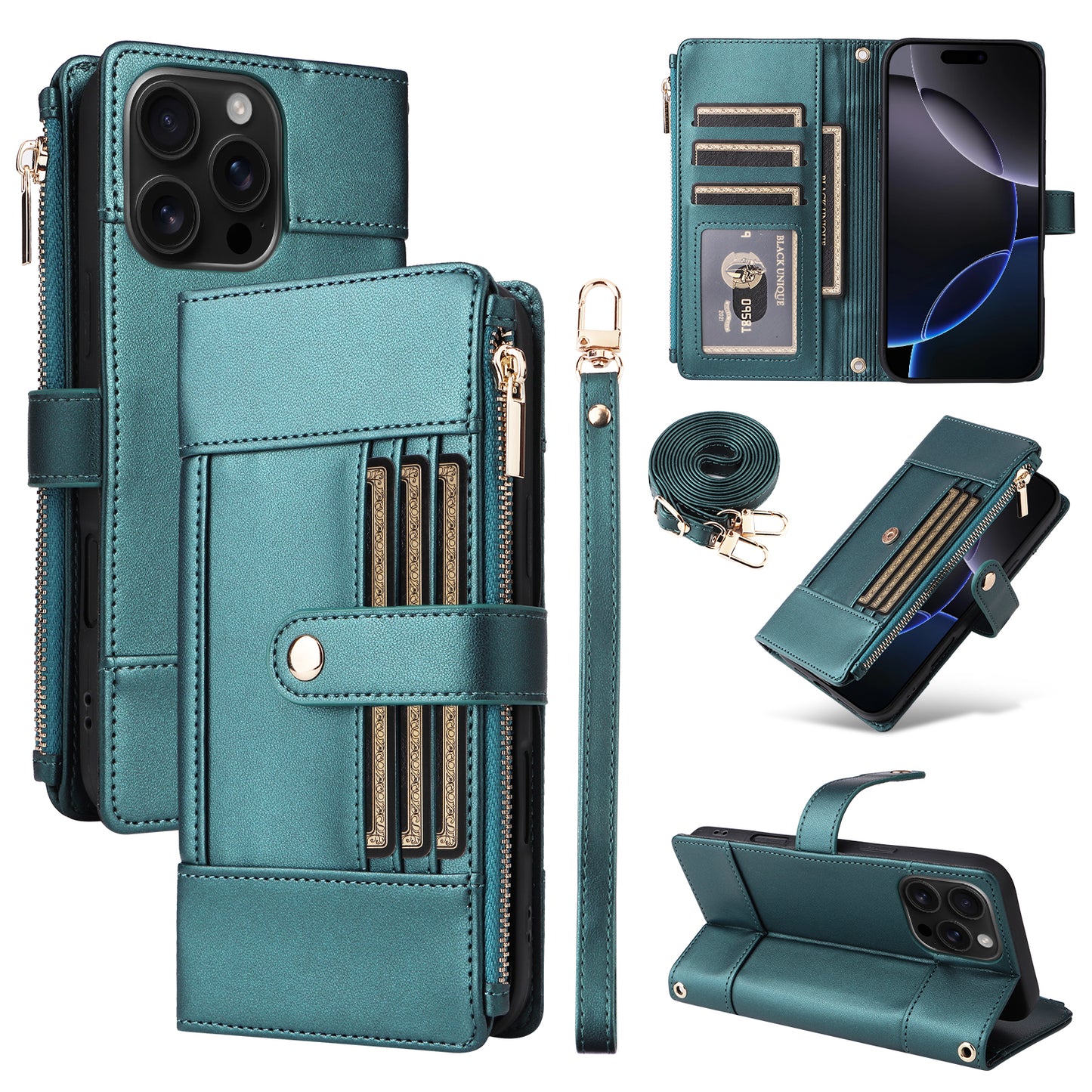 New Crossbody RFID Blocking Zipper Wallet Leather Phone Case for iPhone