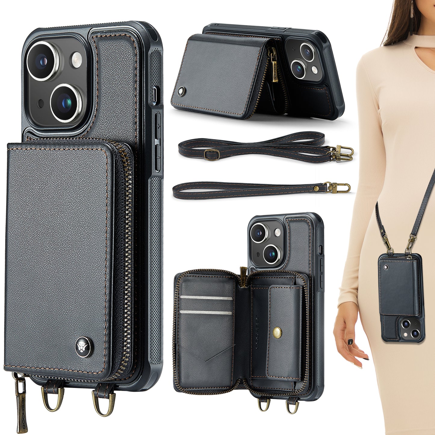 New RFID Blocking Crossbody Zipper Wallet Leather Phone Case for iPhone