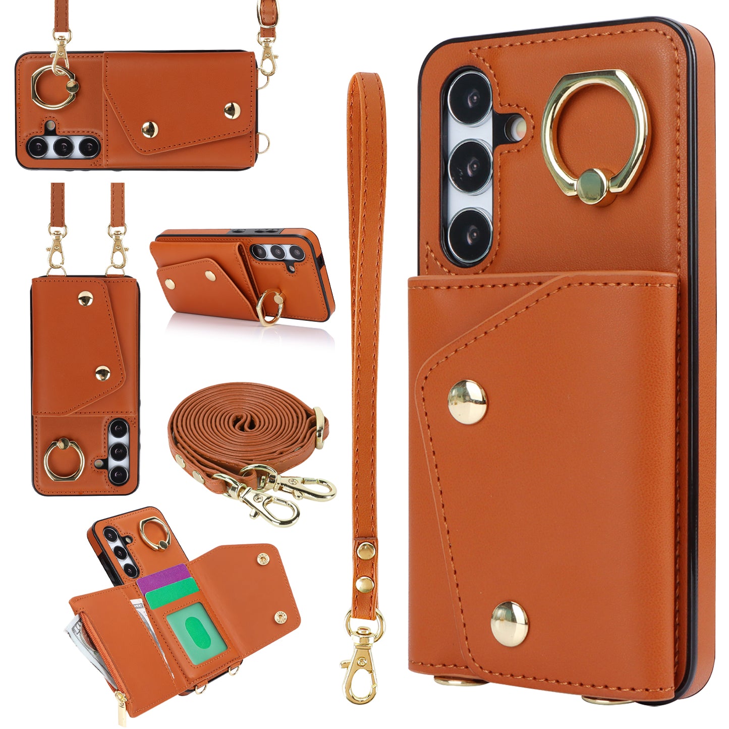 New Crossbody Zipper Wallet with Long and Short Lanyard Leather Card Holder Phone Case for Samsung
