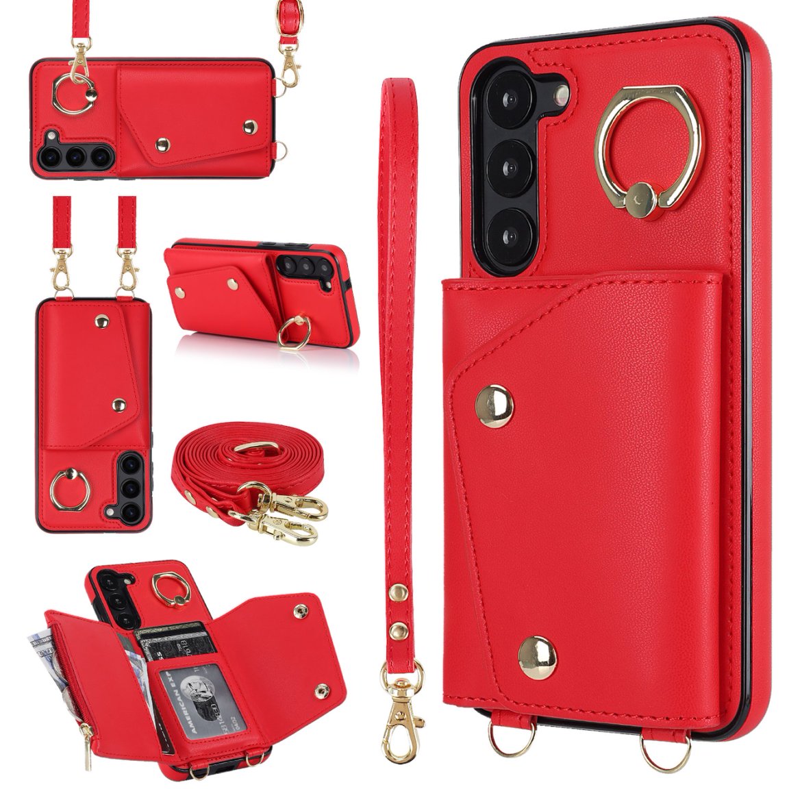 New Crossbody Zipper Wallet with Long and Short Lanyard Leather Card Holder Phone Case for Samsung