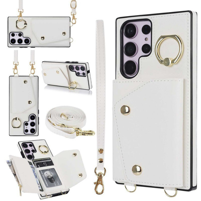 New Crossbody Zipper Wallet with Long and Short Lanyard Leather Card Holder Phone Case for Samsung