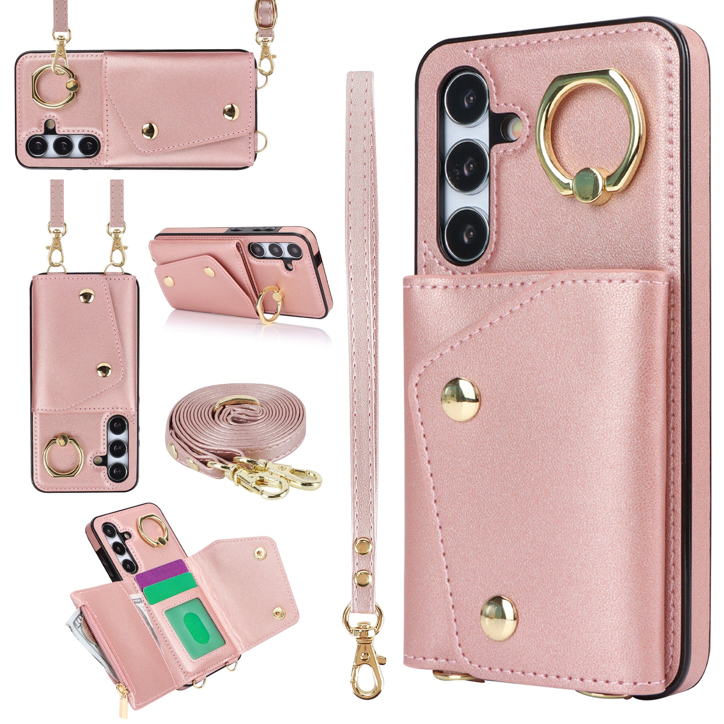 New Crossbody Zipper Wallet with Long and Short Lanyard Leather Card Holder Phone Case for Samsung
