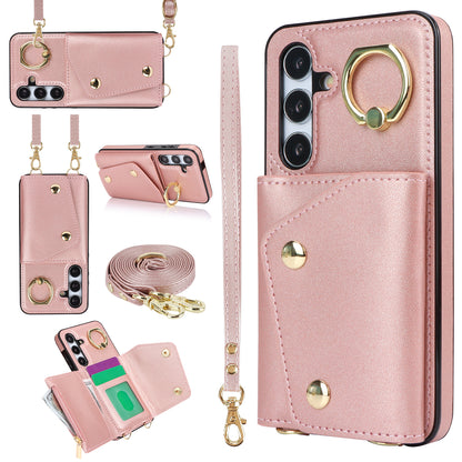 New Crossbody Zipper Wallet with Long and Short Lanyard Leather Card Holder Phone Case for Samsung