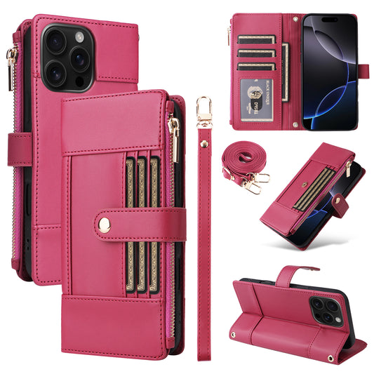 New Crossbody RFID Blocking Zipper Wallet Leather Phone Case for iPhone