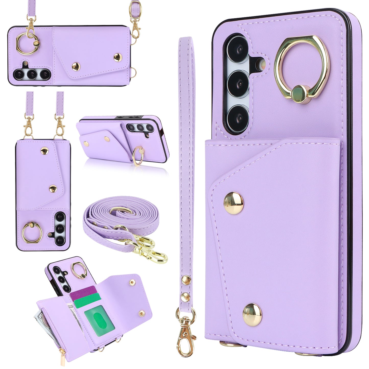 New Crossbody Zipper Wallet with Long and Short Lanyard Leather Card Holder Phone Case for Samsung