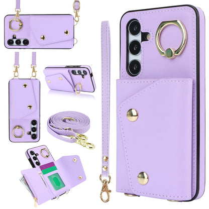 New Crossbody Zipper Wallet with Long and Short Lanyard Leather Card Holder Phone Case for Samsung