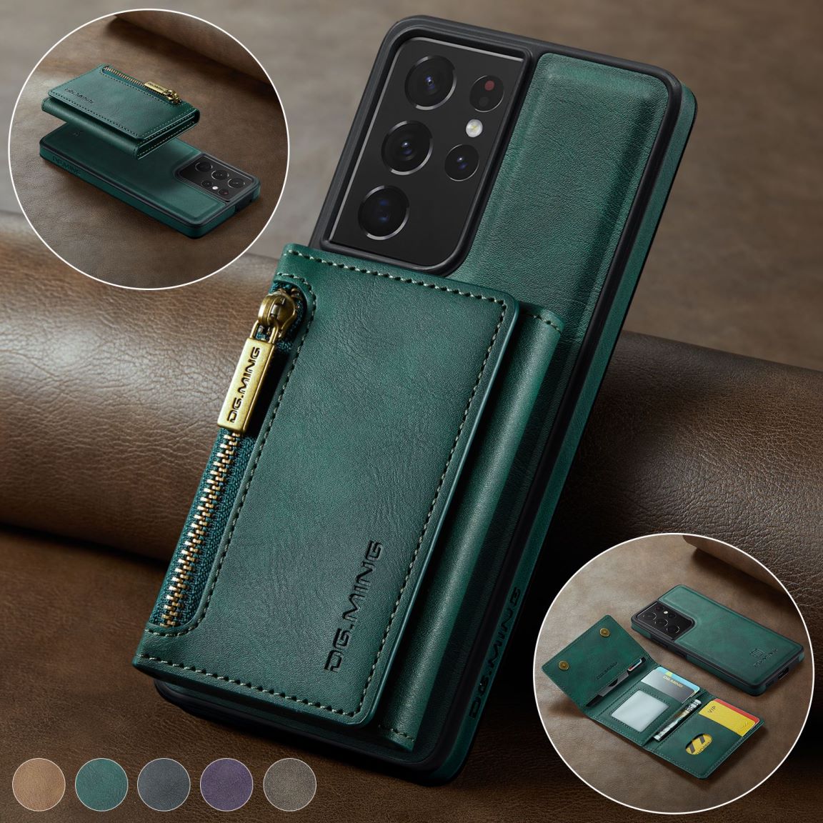 New 2-IN-1 RFID Blocking Zipper Wallet Supports Wireless Charging Leather Phone Case for Samsung