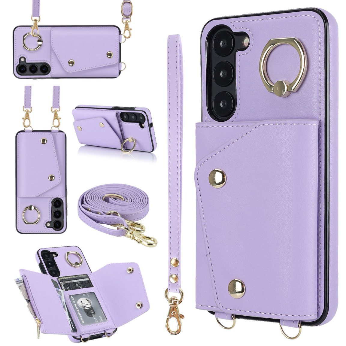 New Crossbody Zipper Wallet with Long and Short Lanyard Leather Card Holder Phone Case for Samsung