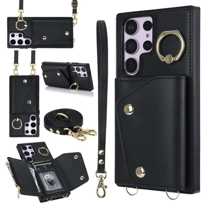 New Crossbody Zipper Wallet with Long and Short Lanyard Leather Card Holder Phone Case for Samsung