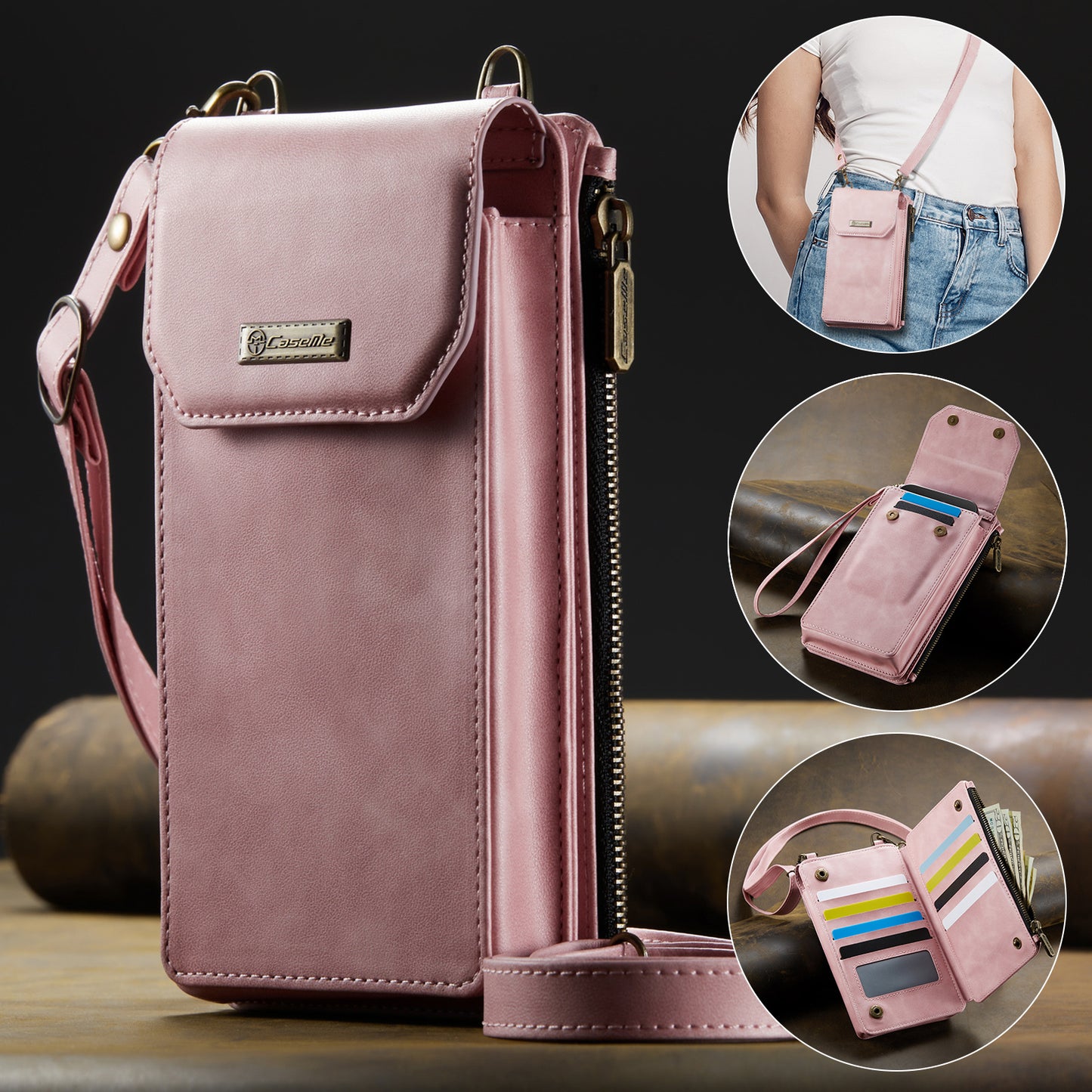 New RFID Blocking Zipper Wallet Leather Phone Case with Lanyard for Women