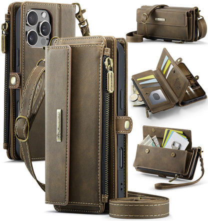 New RFID Blocking Zipper Wallet Supports Wireless Charging with Long and Short Lanyard Leather Phone Case for iPhone