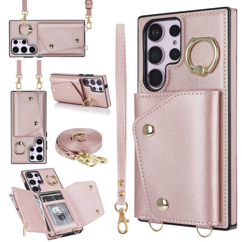 New Crossbody Zipper Wallet with Long and Short Lanyard Leather Card Holder Phone Case for Samsung