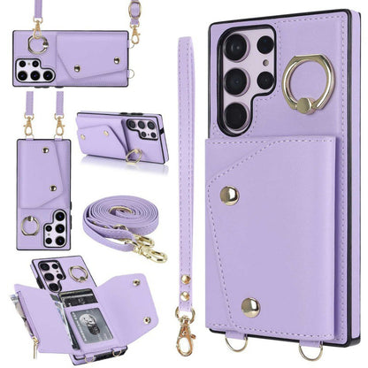 New Crossbody Zipper Wallet with Long and Short Lanyard Leather Card Holder Phone Case for Samsung