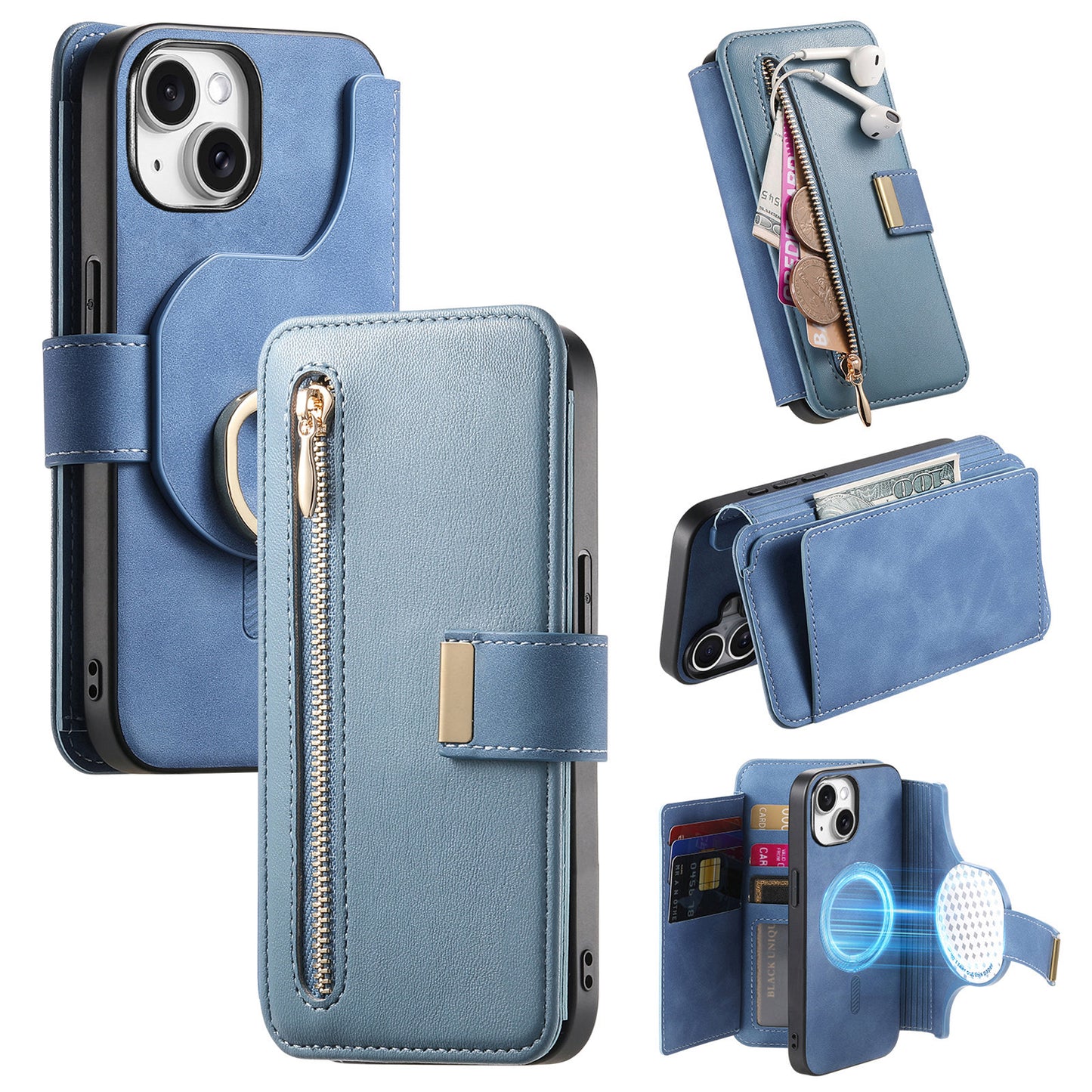 New RFID Blocking Zipper Wallet Magnetic Leather Phone Case for iPhone