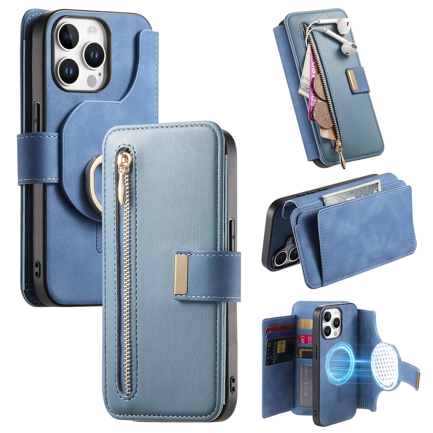 New RFID Blocking Zipper Wallet Magnetic Leather Phone Case for iPhone