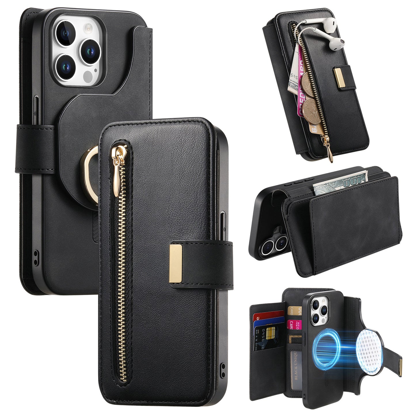 New RFID Blocking Zipper Wallet Magnetic Leather Phone Case for iPhone