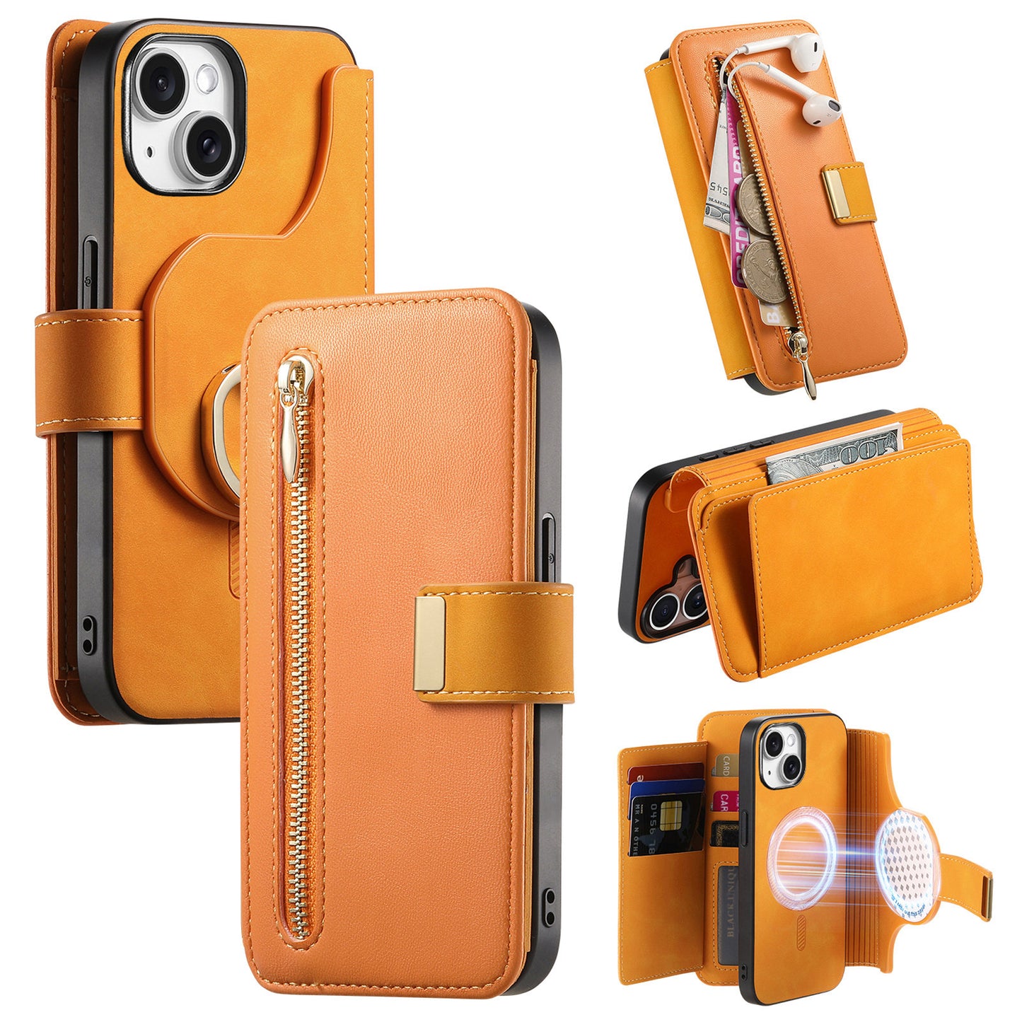 New RFID Blocking Zipper Wallet Magnetic Leather Phone Case for iPhone