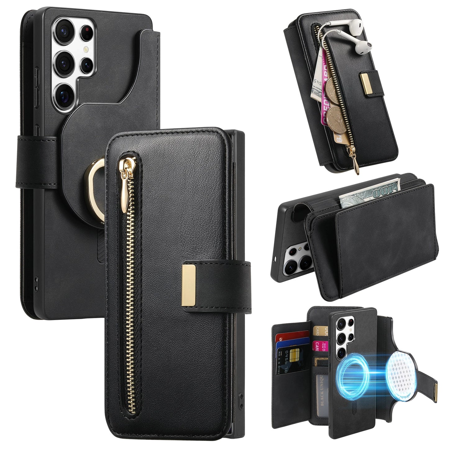 New RFID Blocking Zipper Wallet Magnetic Leather Phone Case for Samsung