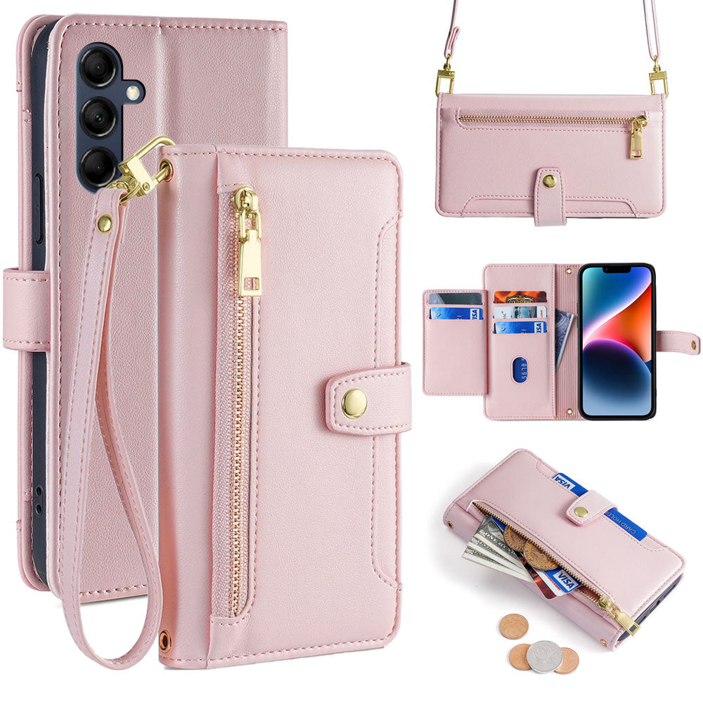 New Cross Body Zipper Wallet Leather Phone Case for Samsung Galaxy A15