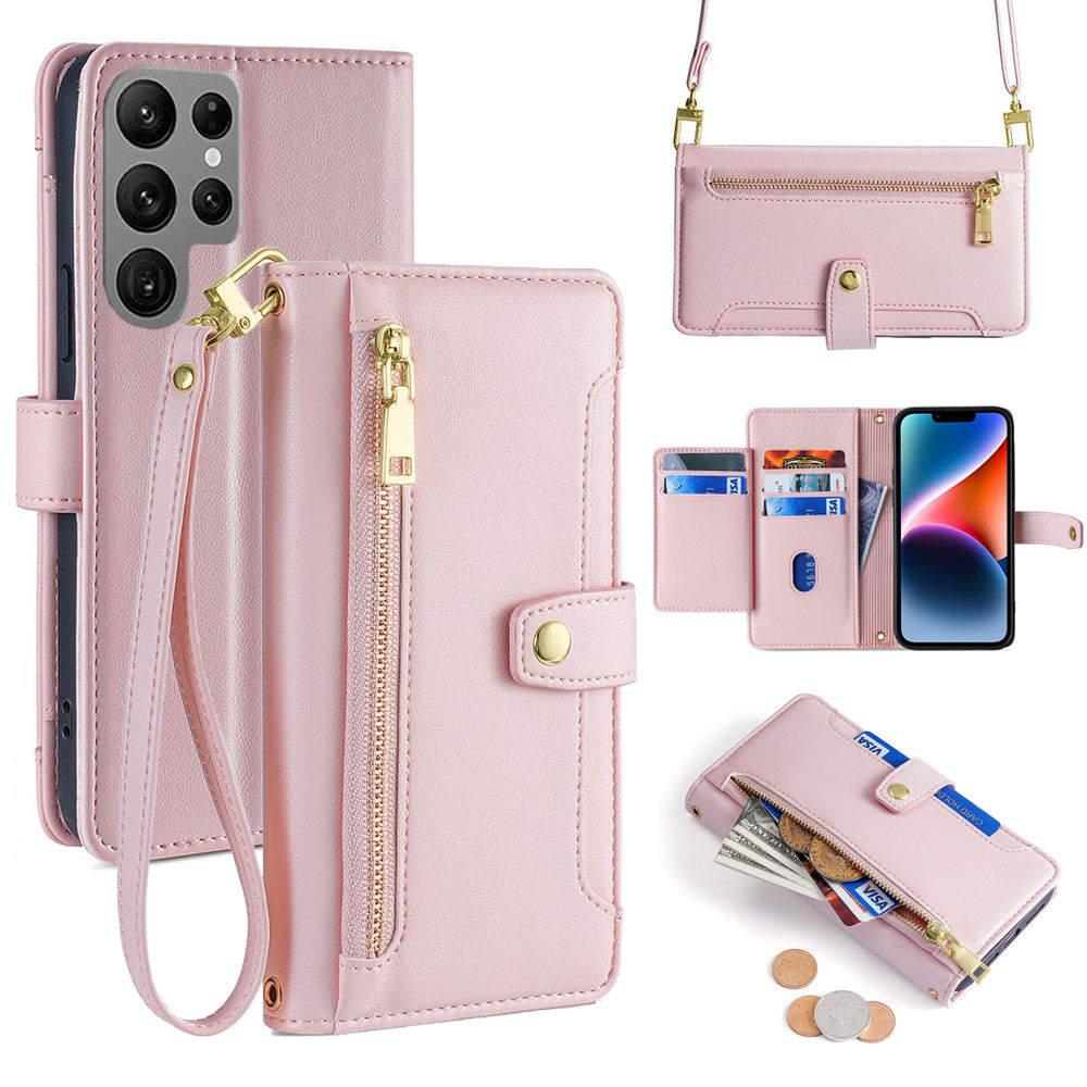 New Cross Body Zipper Wallet Leather Phone Case for Samsung Galaxy A