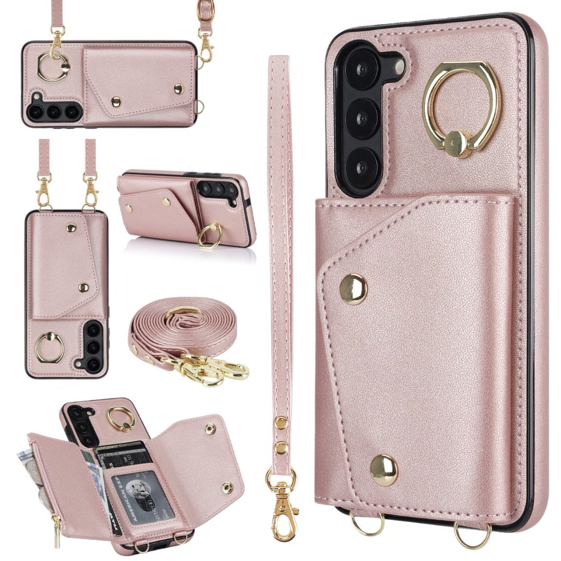 New Crossbody Zipper Wallet with Long and Short Lanyard Leather Card Holder Phone Case for Samsung