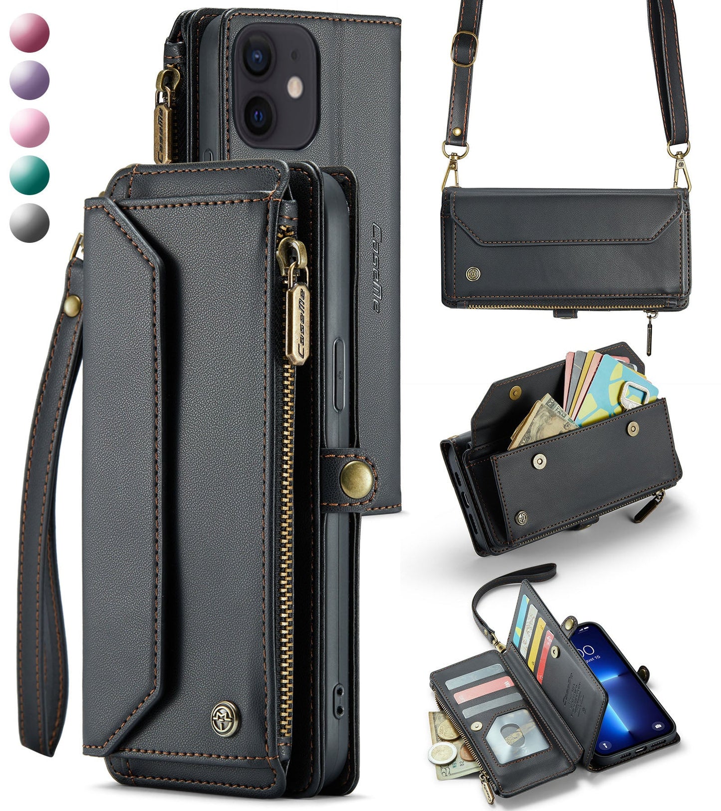 New RFID Blocking Zipper Wallet Supports Wireless Charging with Long and Short Lanyard Leather Phone Case for iPhone