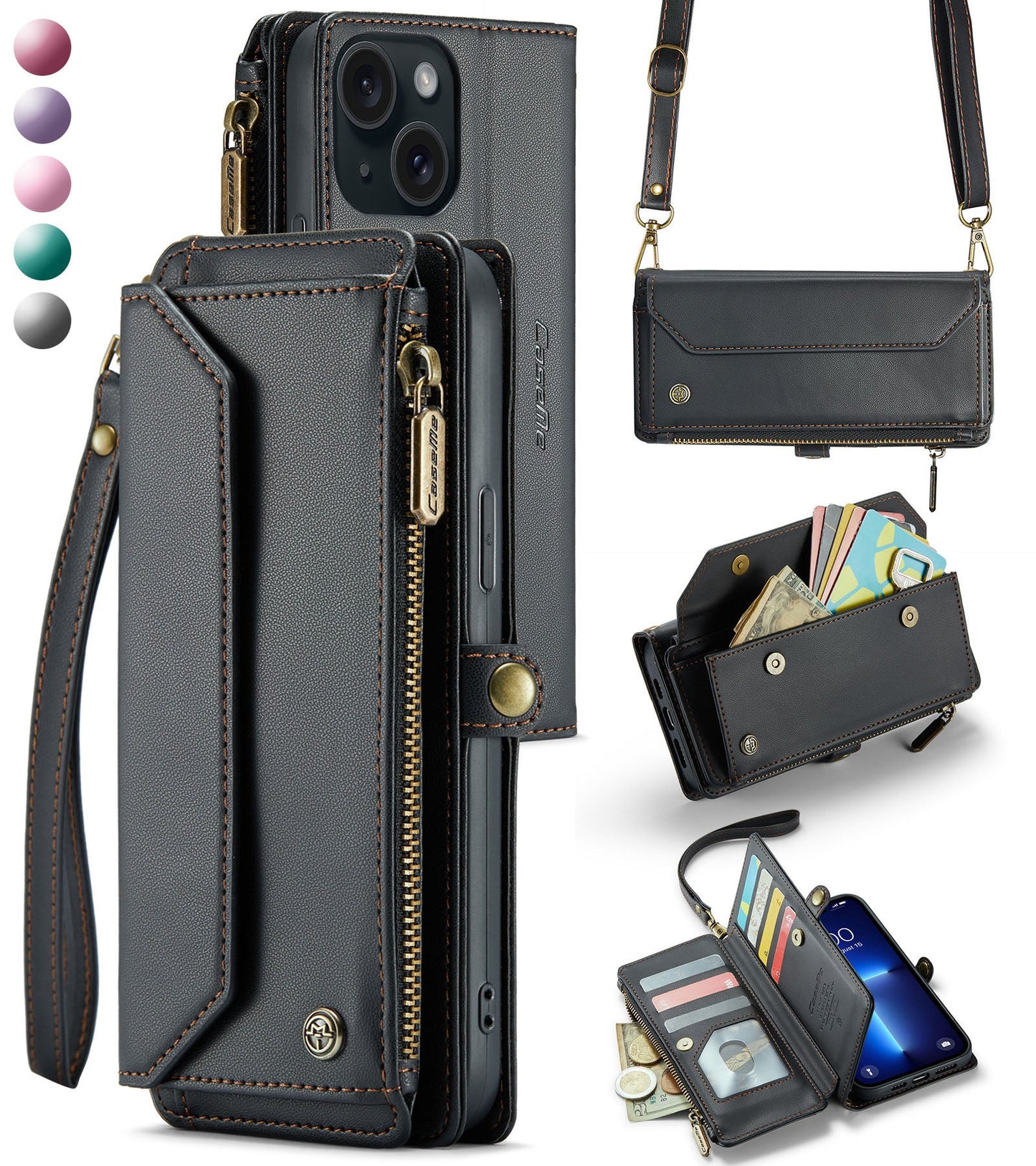 New RFID Blocking Zipper Wallet Supports Wireless Charging with Long and Short Lanyard Leather Phone Case for iPhone