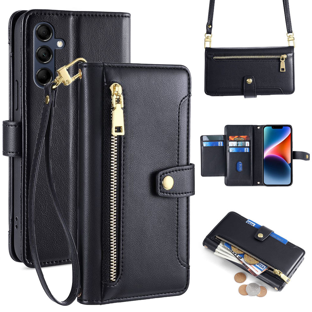 New Cross Body Zipper Wallet Leather Phone Case for Samsung Galaxy A15