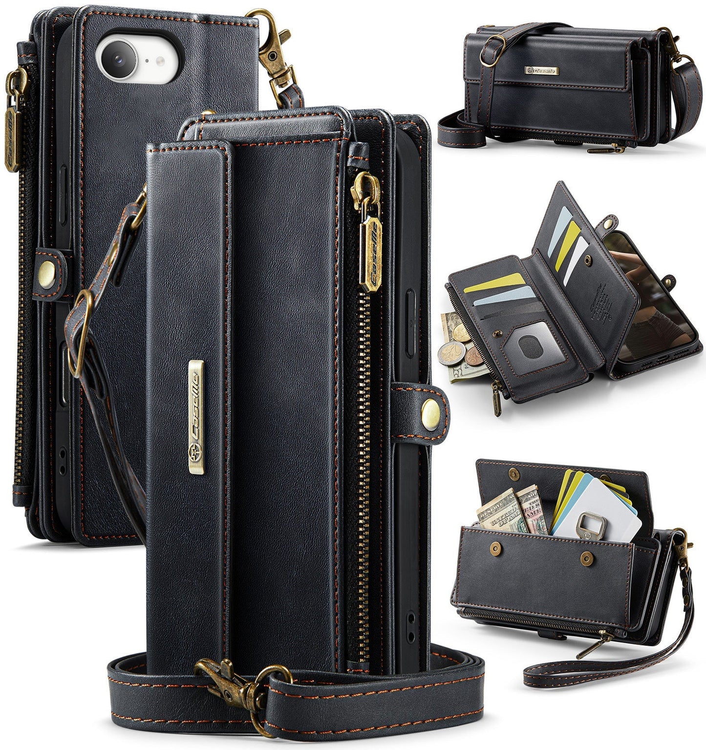 New RFID Blocking Zipper Wallet Supports Wireless Charging with Long and Short Lanyard Leather Phone Case for iPhone16/16e/16 Pro/16 Plus/16 Pro Max