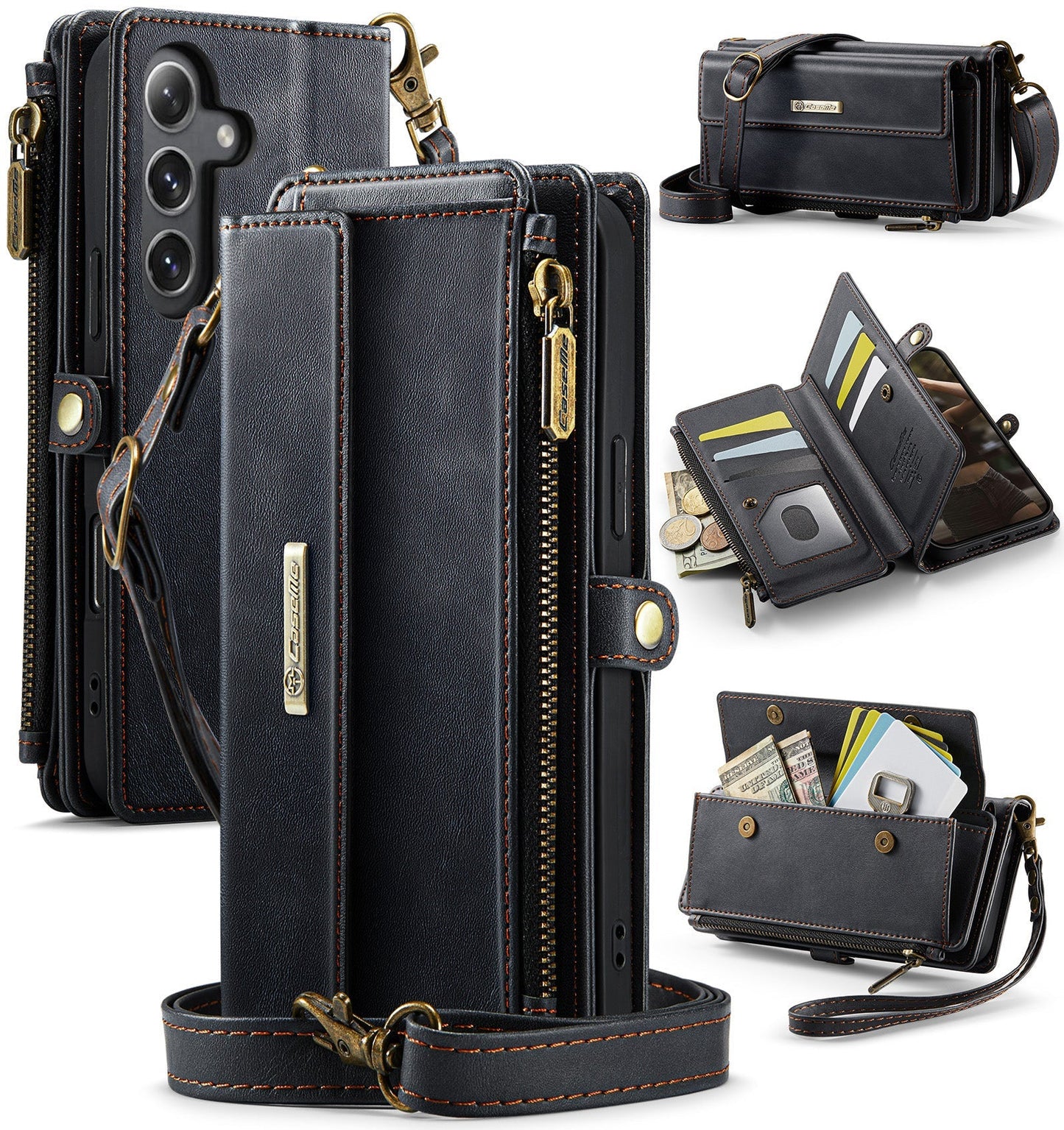 New RFID Blocking Zipper Wallet Supports Wireless Charging with Long and Short Lanyard Leather Phone Case for Samsung Galaxy A