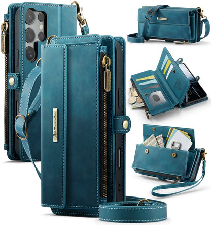 New RFID Blocking Zipper Wallet Supports Wireless Charging with Long and Short Lanyard Leather Phone Case for Samsung