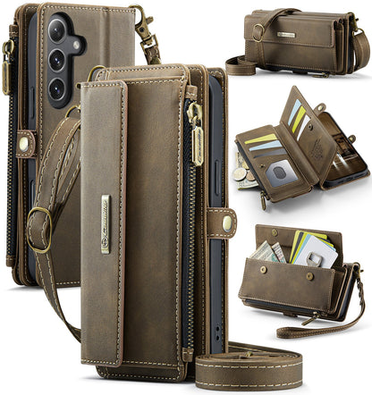 New RFID Blocking Zipper Wallet Supports Wireless Charging with Long and Short Lanyard Leather Phone Case for Samsung Galaxy A