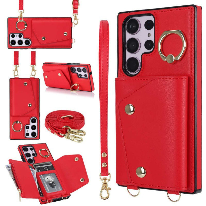New Crossbody Zipper Wallet with Long and Short Lanyard Leather Card Holder Phone Case for Samsung